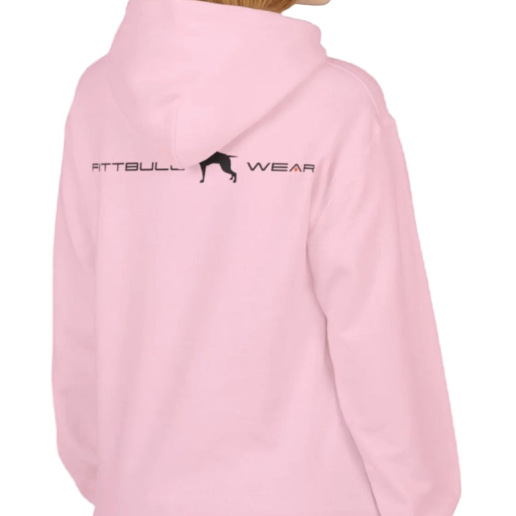 A woman wear sports pink hoodet, fitness sweatshirt Fitbull, with motivation desighn No Day Off, back view.