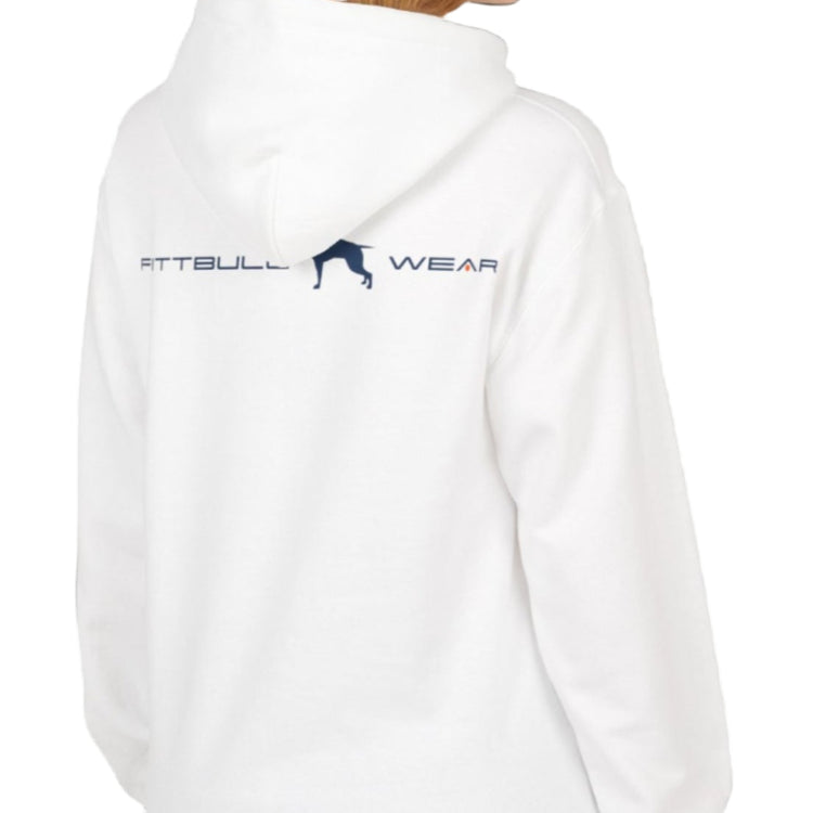 A woman wear sports white hoodet, fitness sweatshirt Fitbull, with motivation desighn No Day Off, back view.