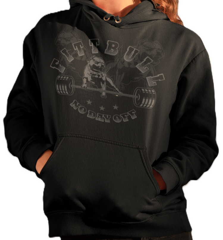 A woman wear sports black hoodet, fitness sweatshirt Fitbull, with motivation desighn No Day Off.