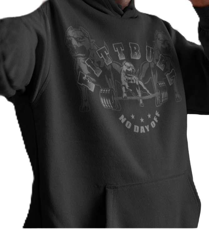 A man wear sports black hoodet, fitness sweatshirt Fitbull, with motivation desighn No Day Off.