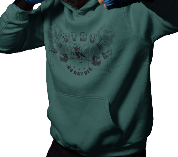 A man wear sports green hoodet, fitness sweatshirt Fitbull, with motivation desighn No Day Off.