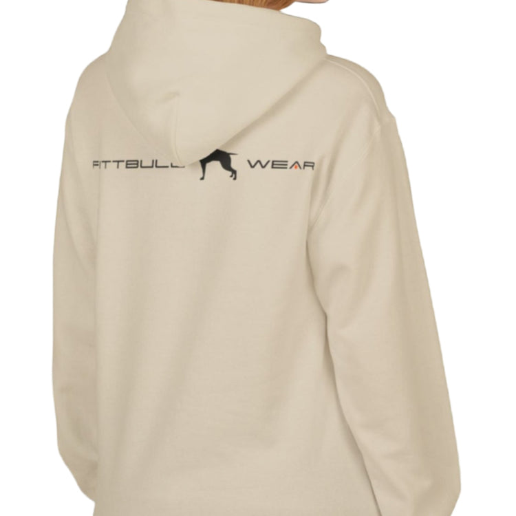 A woman wear sports beige hoodet, fitness sweatshirt Fitbull, with motivation desighn No Day Off back view.