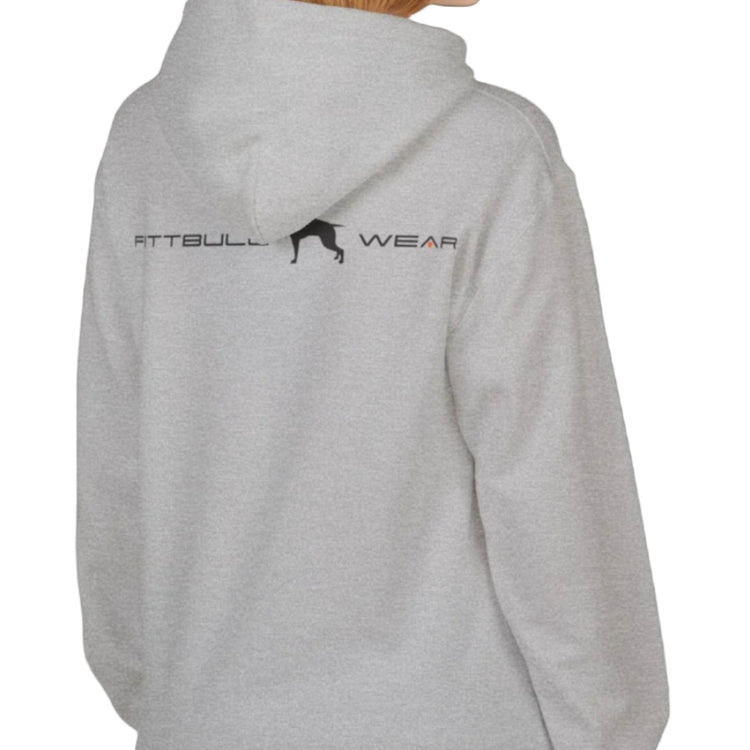 A woman wear sports light grey hoodet, fitness sweatshirt Fitbull, with motivation desighn No Day Off back view.