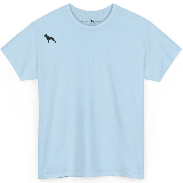 Light blue Fitbull t-shirt with a small black logo on the front. Fitness and Bodybuilding motivating.