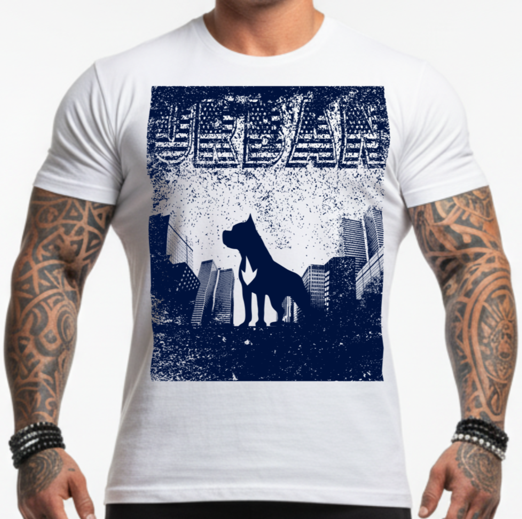 Man wearing a navy white Fitbull t-shirt with motivational Urban graphic design and black Fitbull shorts.