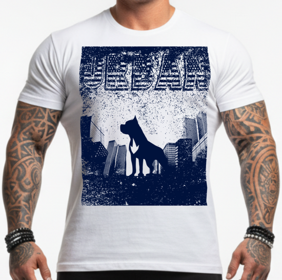 Man wearing a navy white Fitbull t-shirt with motivational Urban graphic design and black Fitbull shorts.