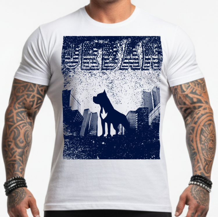Man wearing a navy white Fitbull t-shirt with motivational Urban graphic design and black Fitbull shorts.