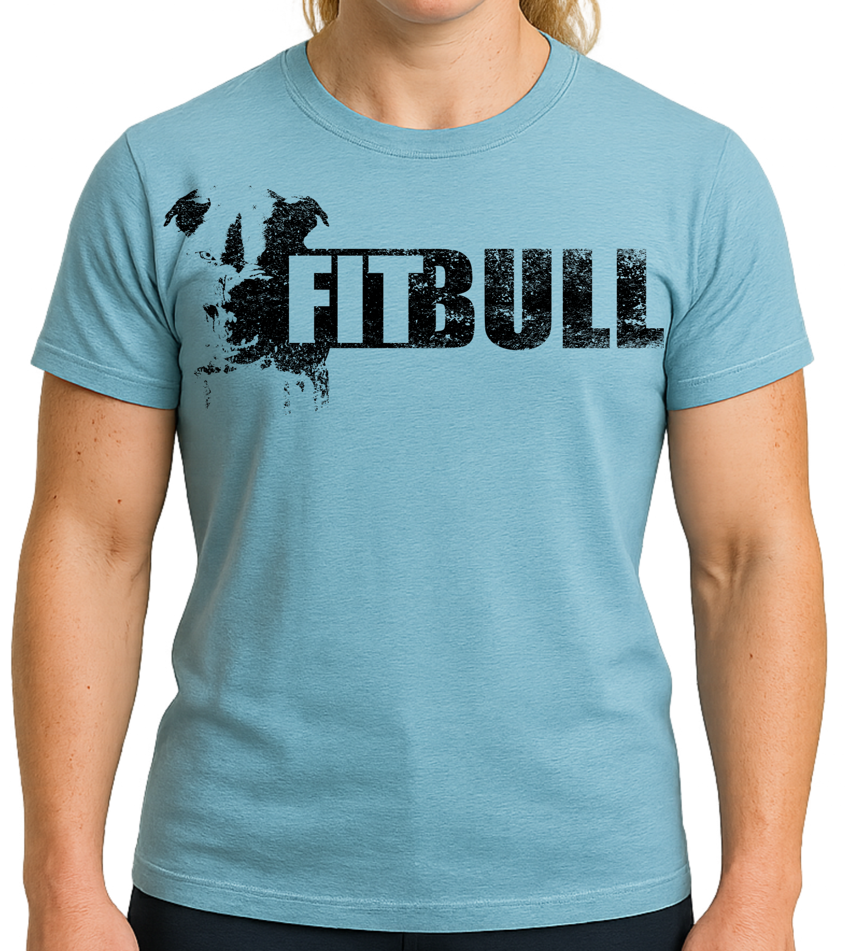 Person wearing a light blue t-shirt with 'FITBULL' training motivating design.