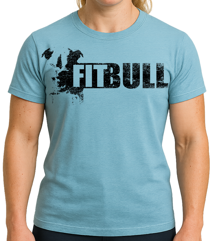 Person wearing a light blue t-shirt with 'FITBULL' training motivating design.