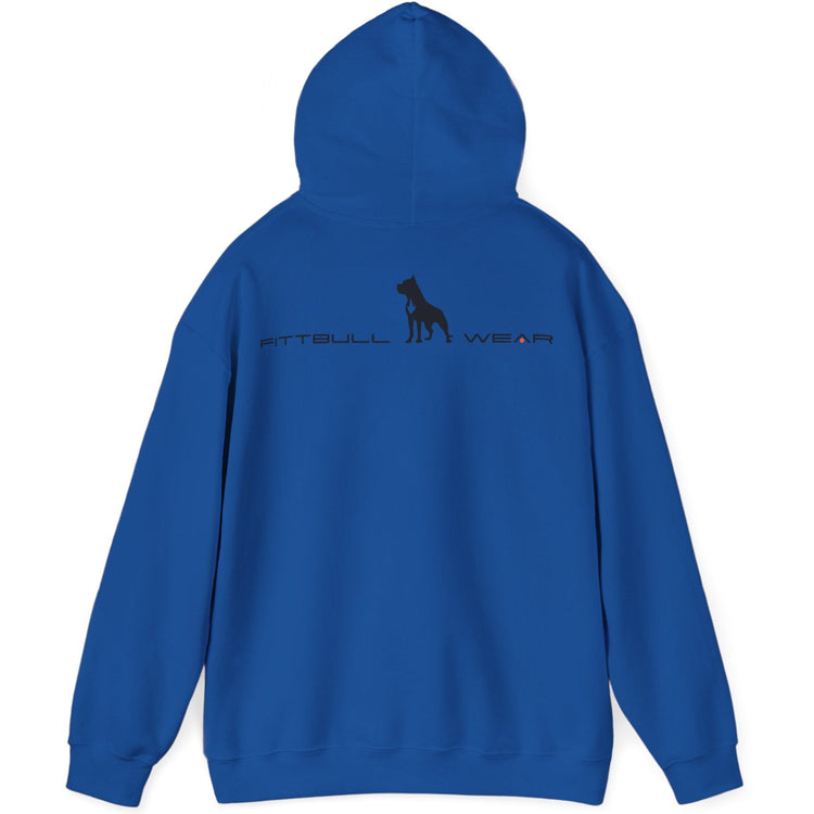Blue hoodie with a logo on the back against a white background