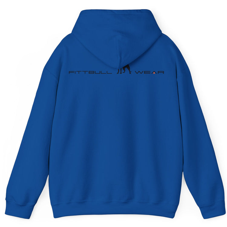 Blue back hoodie with 'FITBULL' movational fitness design.