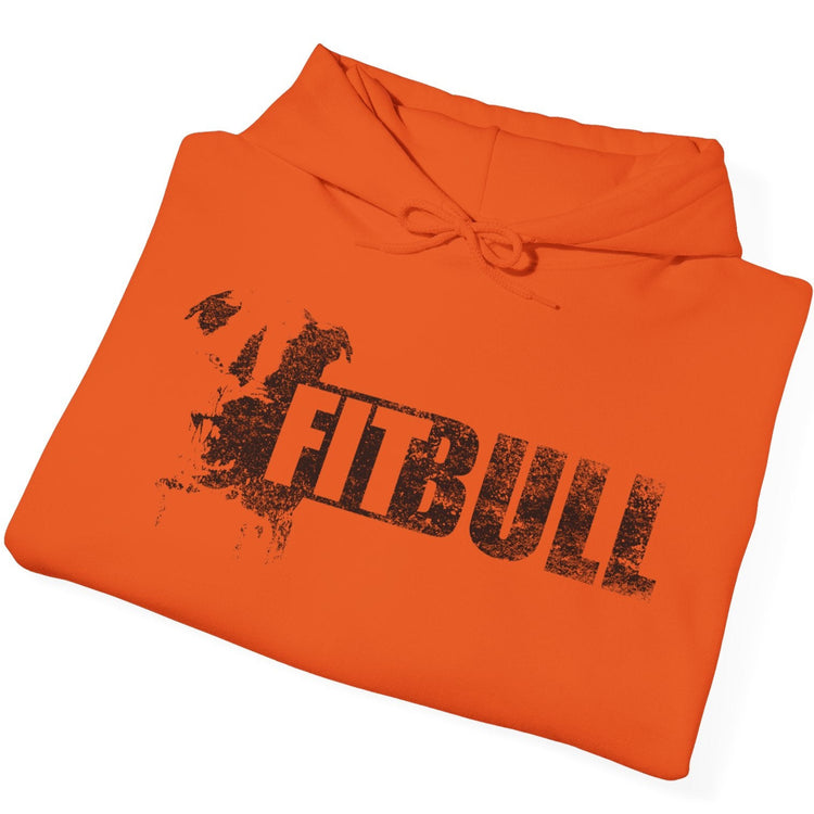 Orange hoodie with 'FITBULL' print on a white background
