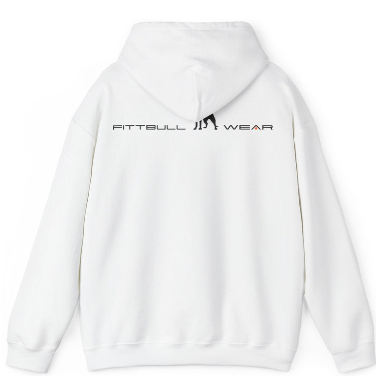 White back hoodie with 'FITBULL' mivational fitness design.