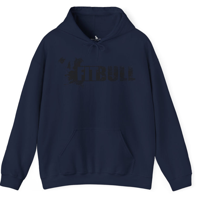 Navy blue hoodie with 'FITBULL' mivational fitness design.