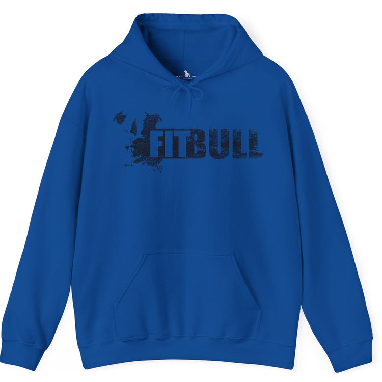 Blue hoodie with 'FITBULL' mivational fitness design.