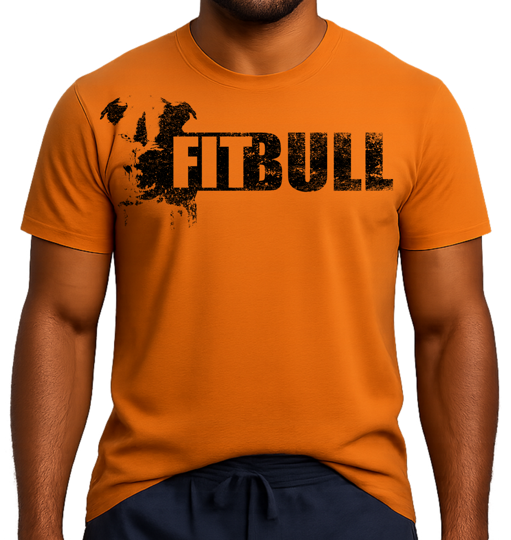 Man wearing an orange t-shirt with 'FITBULL' training motivating design.
