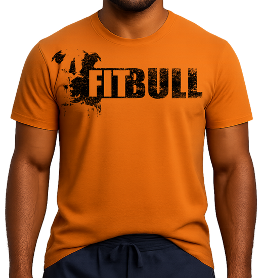 Man wearing an orange t-shirt with 'FITBULL' training motivating design.