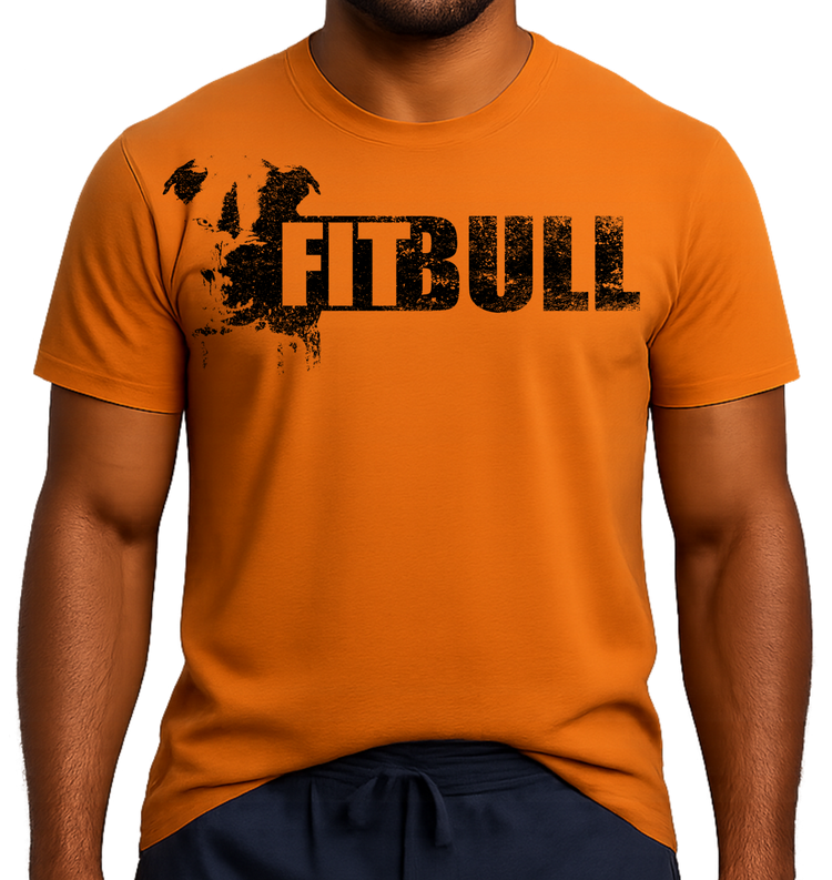Man wearing an orange t-shirt with 'FITBULL' training motivating design.