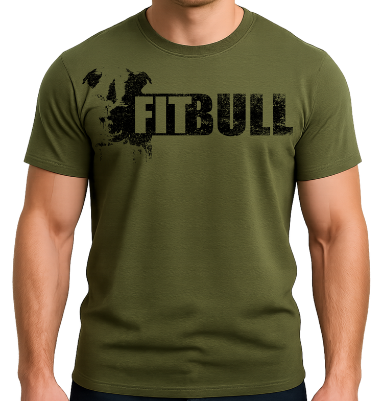 Man wearing a green t-shirt with 'FITBULL' training motivating design.