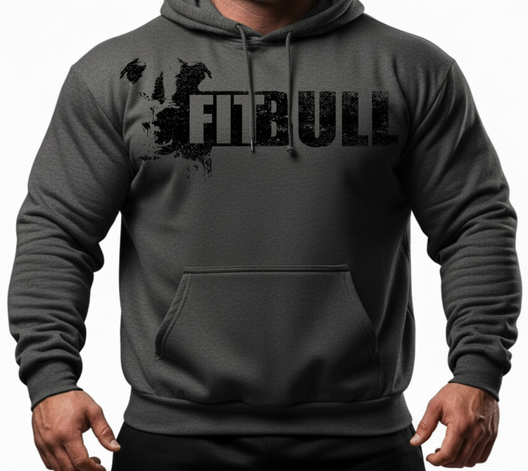 A man wear Dark Gray hoodie with 'FITBULL' mivational fitness design.
