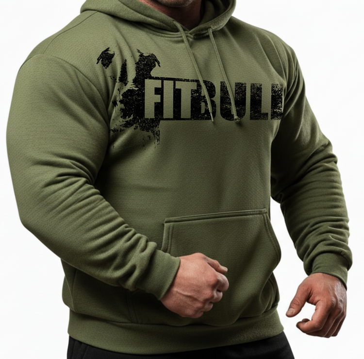 A man wear Green hoodie with 'FITBULL' mivational fitness design.