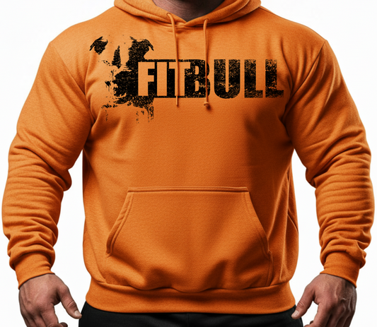 A man wear orange hoodie with 'FITBULL' mivational fitness design.