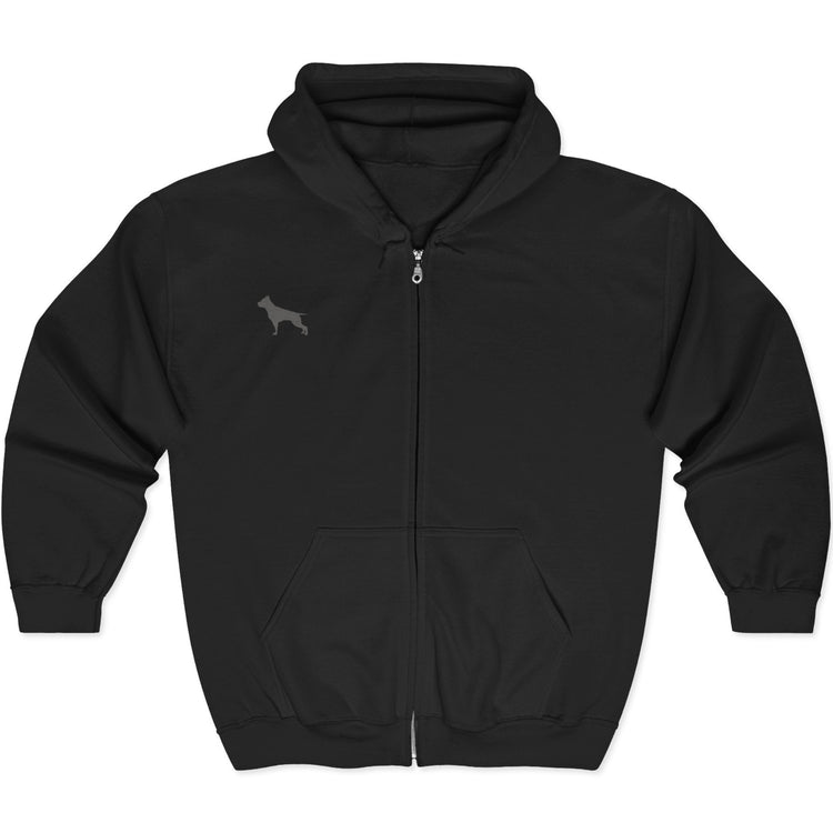 Black Fitbull sport hoodie with a small dog, brand logo with a zipper and two pockets.