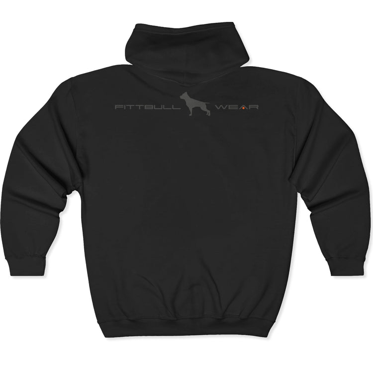 Black hoodie with 'Fitbull Wear' text and Fitbull brand logo on back.