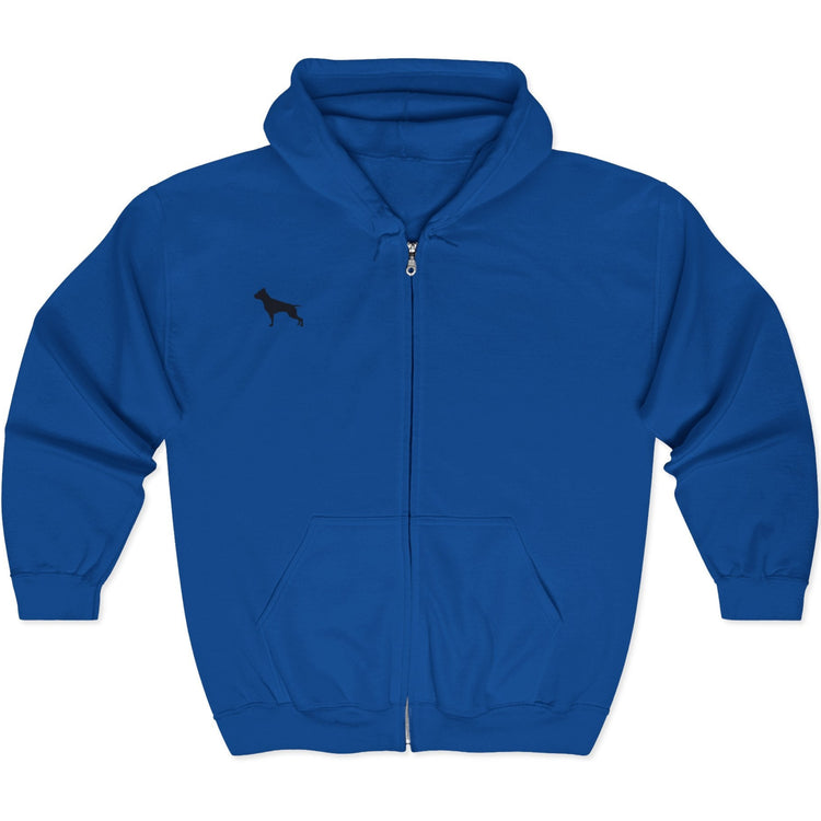 A blue Fitbull sport hoodie with a small dog, brand logo with a zipper and two pockets.