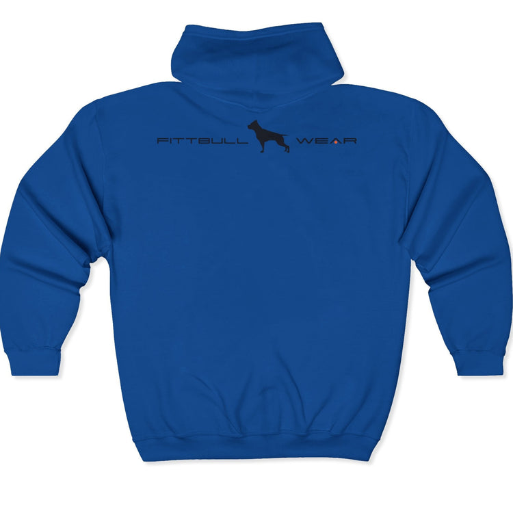 Blue hoodie with 'Fitbull Wear' text and Fitbull brand logo on back.