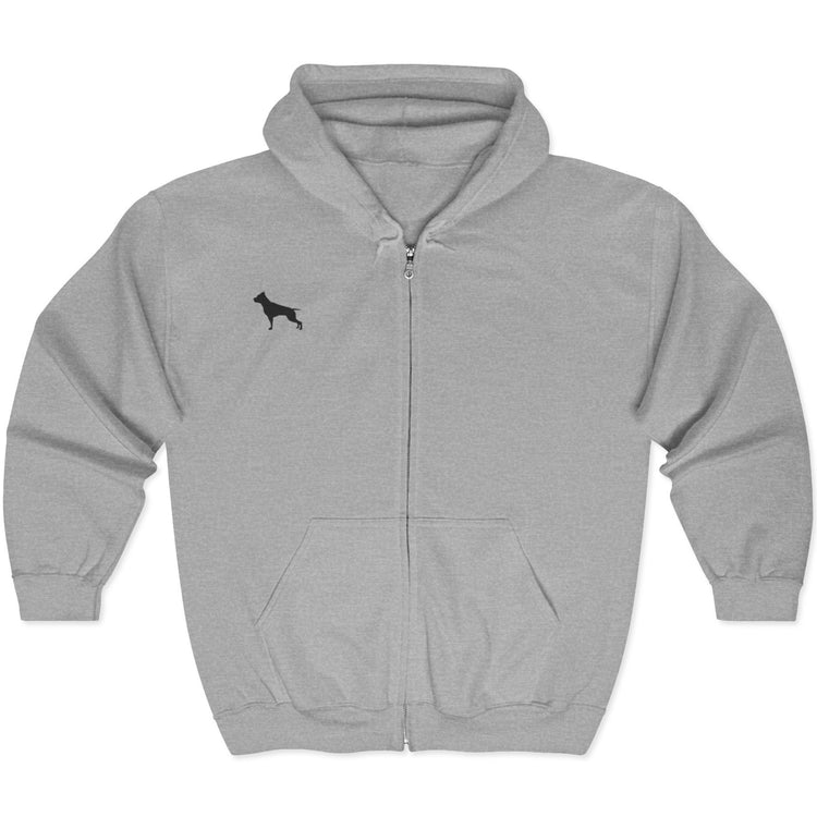 A grey Fitbull sport hoodie with a small dog, brand logo with a zipper and two pockets.