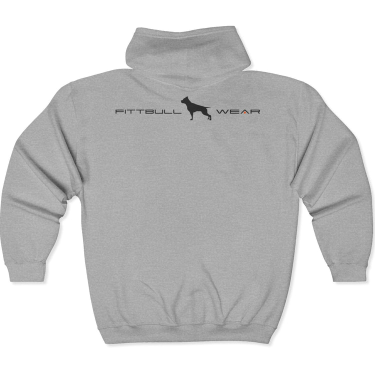 Grey hoodie with 'Fitbull Wear' text and Fitbull brand logo on back.
