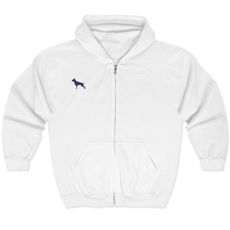 A whitenFitbull sport hoodie with a small dog, brand logo with a zipper and two pockets.