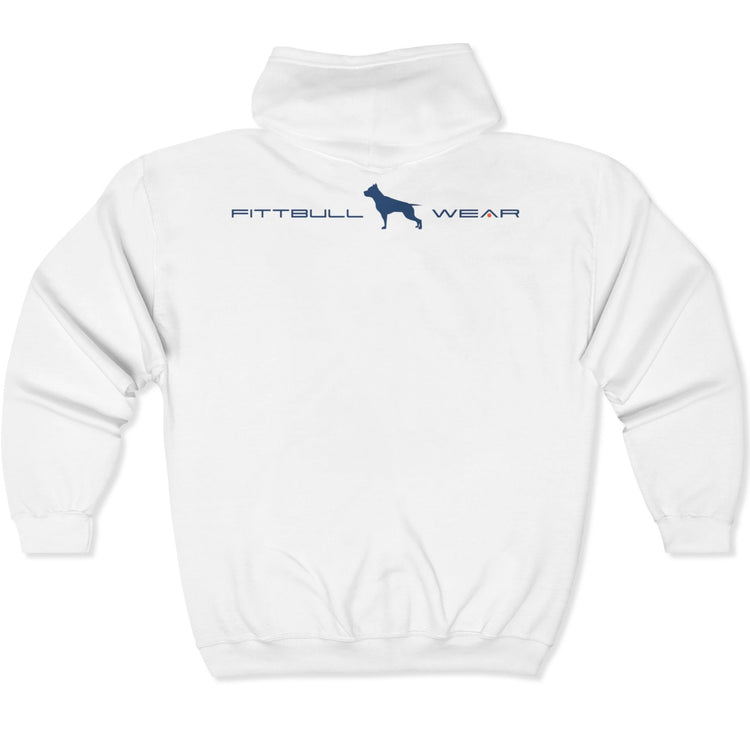 White hoodie with 'Fitbull Wear' text and Fitbull brand logo on back.