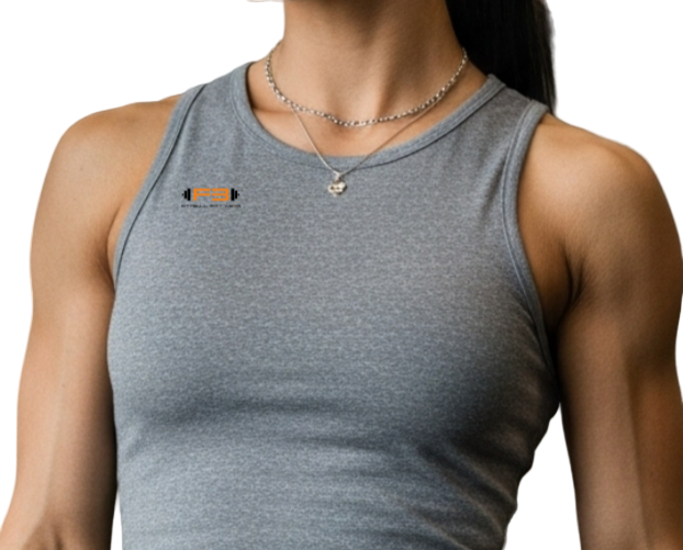 Muscular man wearing grey Fitbull Tank Top with brand logo, holding dumbbells in a gym.