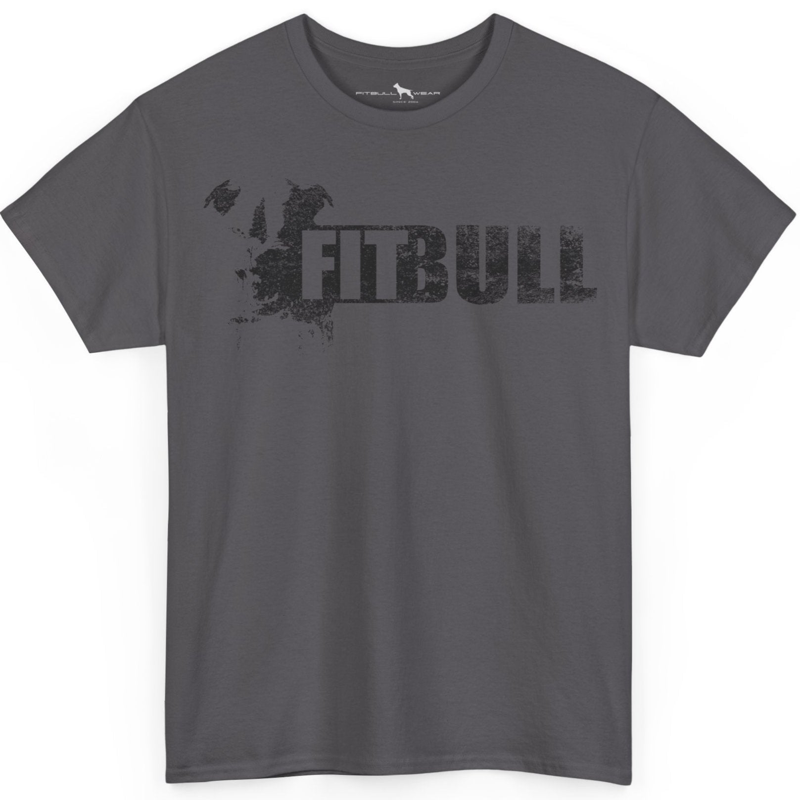 Charcoal Fitbull fitness t-shirt with motivational design on the chest.
