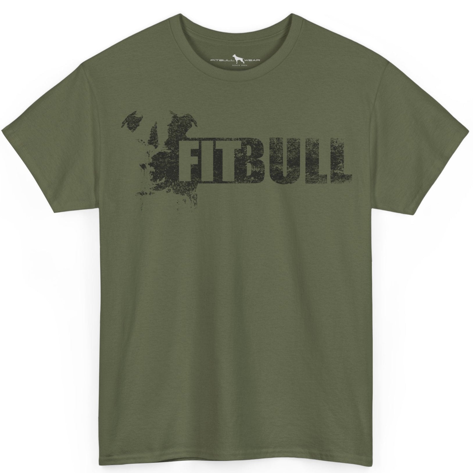 Military green Fitbull fitness t-shirt with motivational design on the chest.
