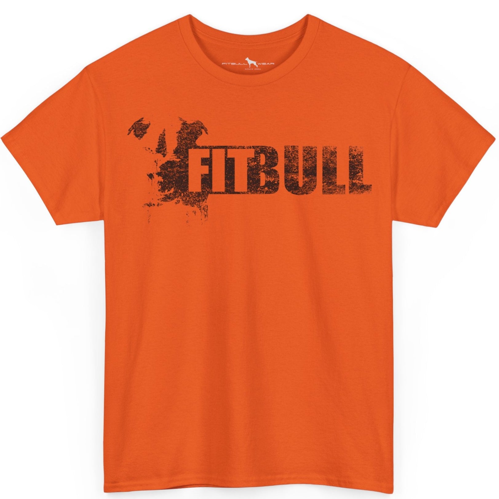 Orange Fitbull fitness t-shirt with motivational design on the chest.