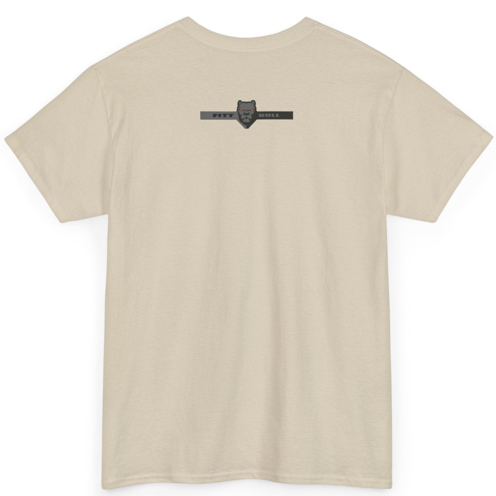 Beige Fitbull t-shirt with a logo on the back against a white background
