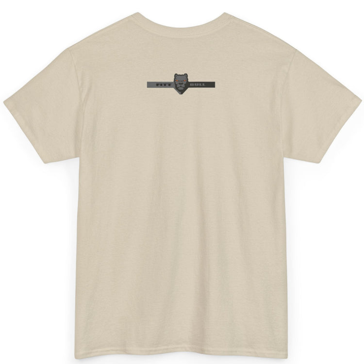 Beige Fitbull t-shirt with a logo on the back against a white background