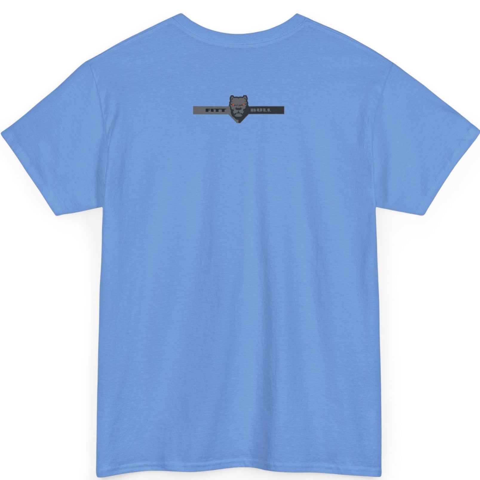 Fitbull Blue t-shirt with a logo on the back against a white background