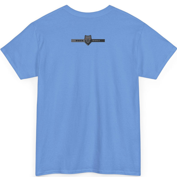 Fitbull Blue t-shirt with a logo on the back against a white background