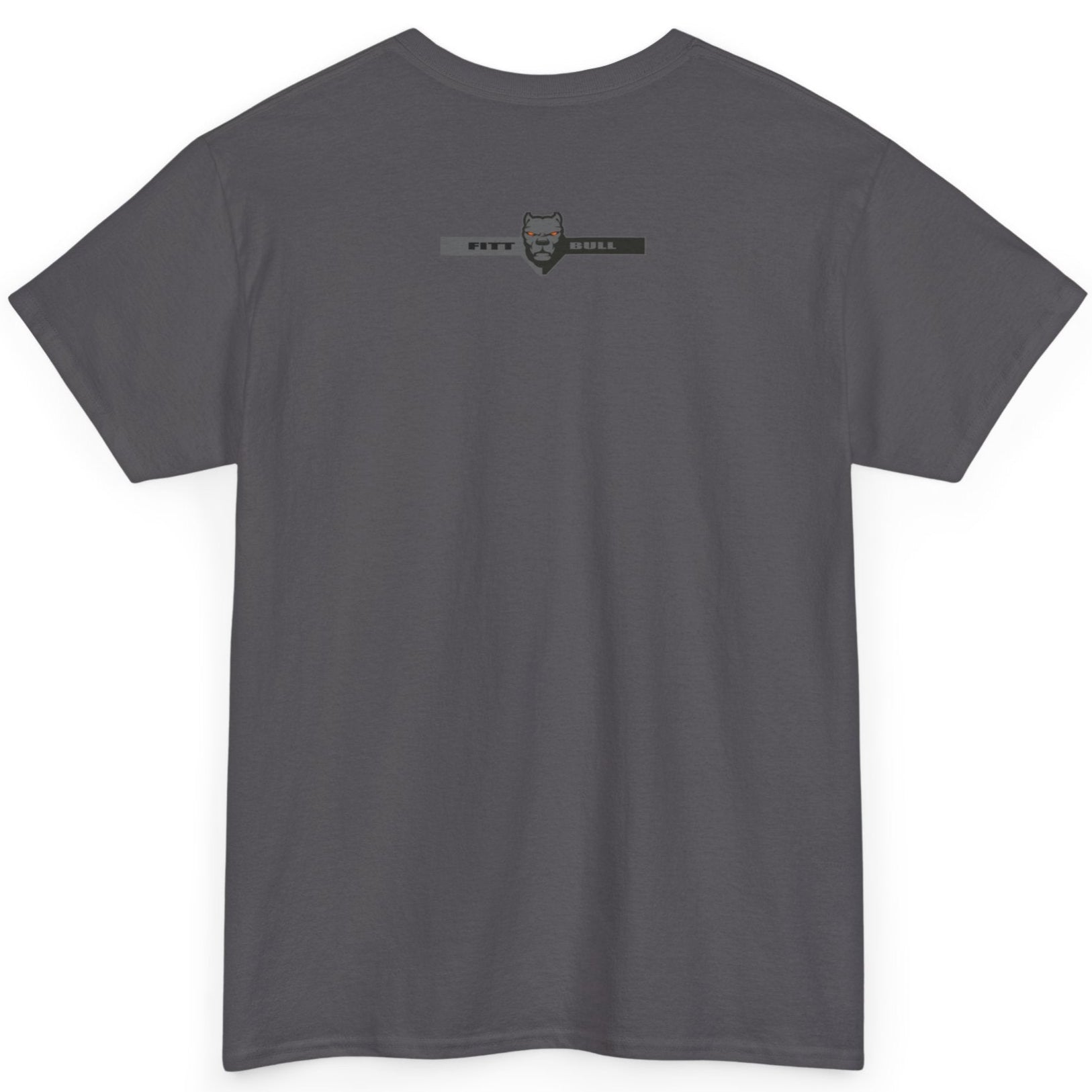 Fitbull charcoal Gray t-shirt with a logo on the back against a white background