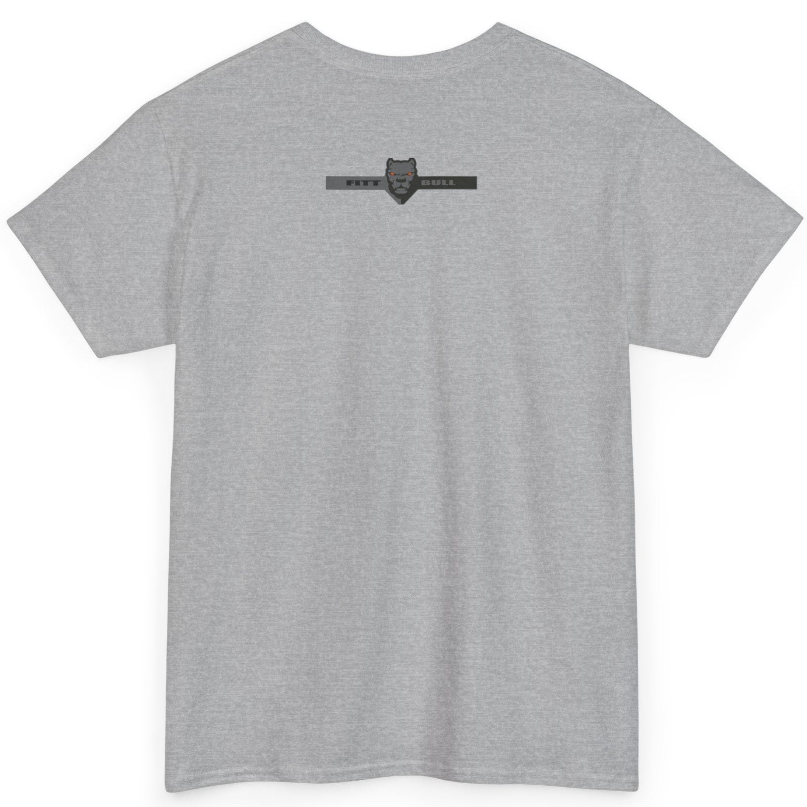 Gray Fitbull t-shirt with a logo on the back against a white background