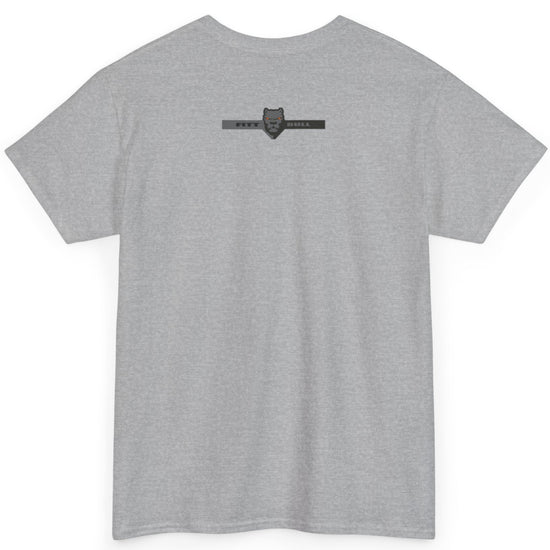 Gray Fitbull t-shirt with a logo on the back against a white background