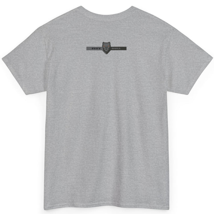 Gray Fitbull t-shirt with a logo on the back against a white background