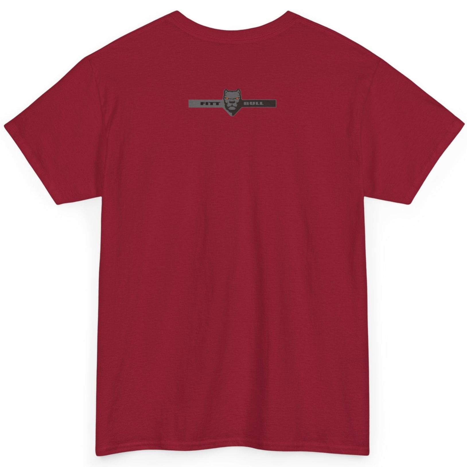 Red Pitbull t-shirt with a small logo on the back against a white background