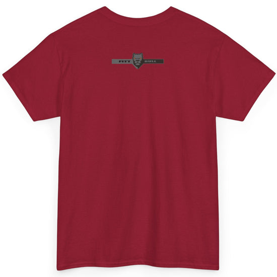 Red Pitbull t-shirt with a small logo on the back against a white background
