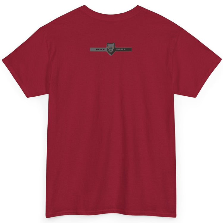 Red Pitbull t-shirt with a small logo on the back against a white background