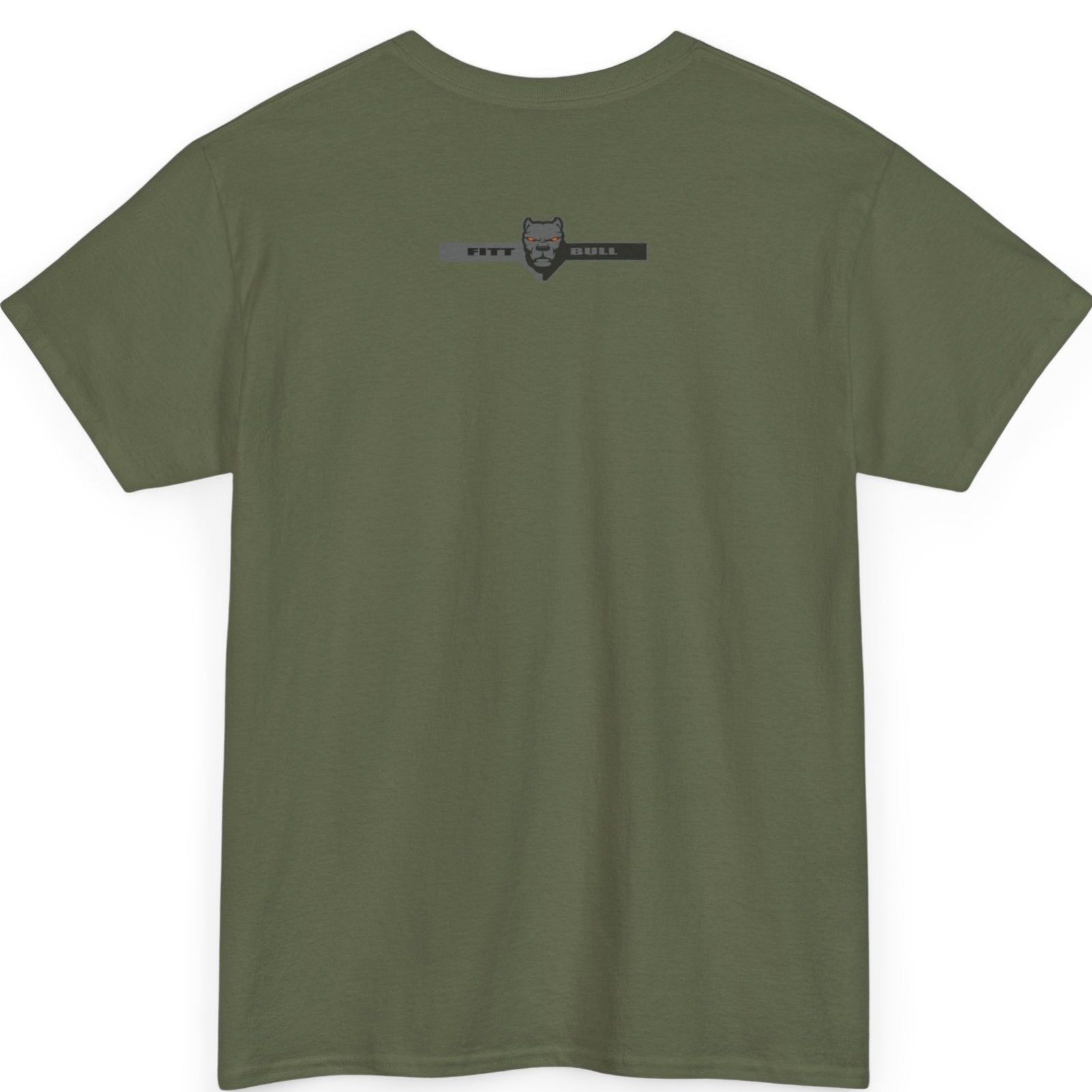 Fitbull Military Green t-shirt with a logo on the back against a white background